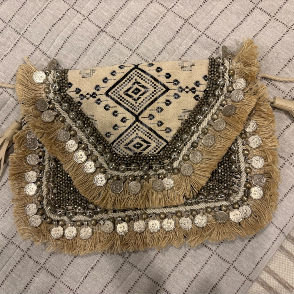 Boho Chic Black and Cream Embelished Bag